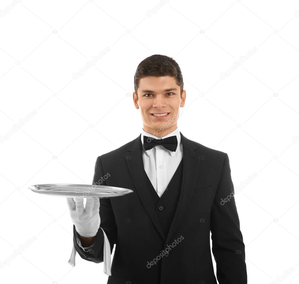 Male waiter holding tray