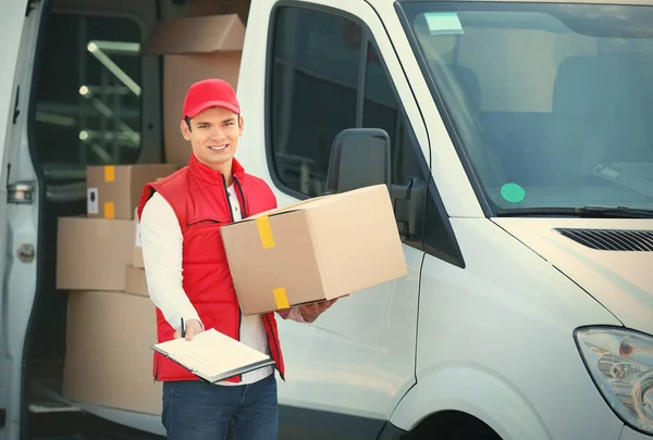Young Male Courier Clipboard Parcel Delivery Service Van — Stock Photo, Image