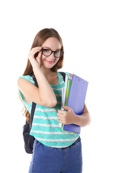 Menina Adolescente Bonito Segurando Papéis Fundo Branco — Fotografia de Stock