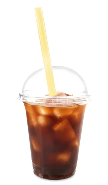 Plastic cup of iced coffee and straw — Stock Photo, Image