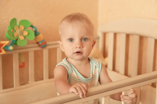 Little Baby Boy Crib Indoors — Stock Photo, Image