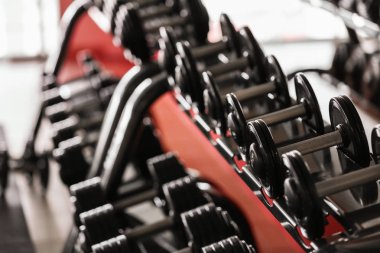 Spor salonunda farklı dumbbells ile raf