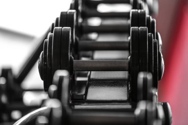 Spor salonunda farklı dumbbells ile raf