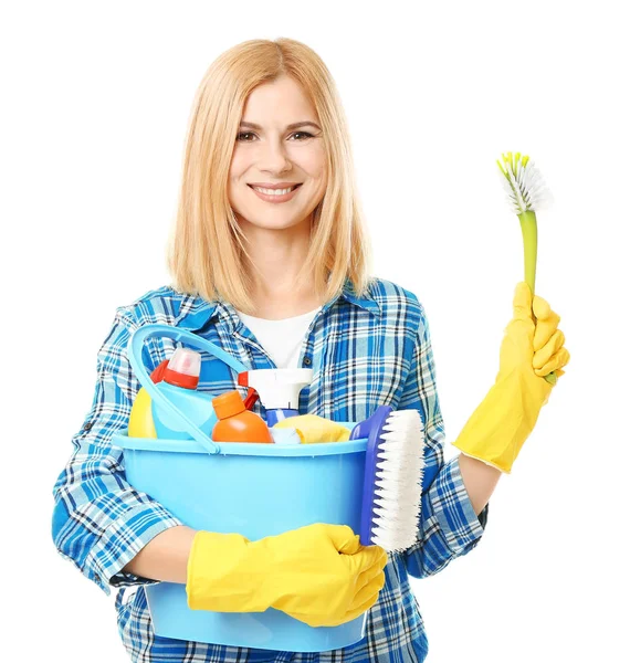 Vrij volwassen vrouw met het schoonmakende levering — Stockfoto