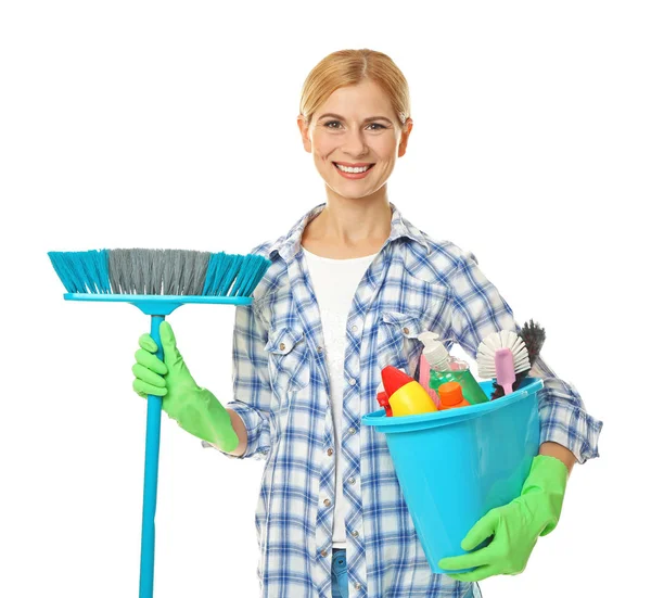 Pretty adult woman with cleaning supplies — Stock Photo, Image