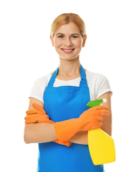 Mujer adulta con botella de detergente — Foto de Stock