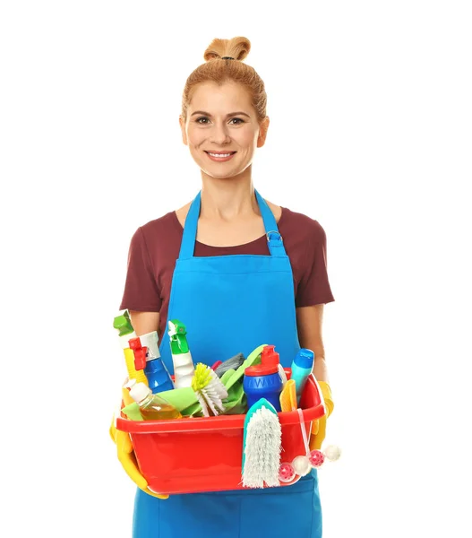 Vrij volwassen vrouw met het schoonmakende levering — Stockfoto