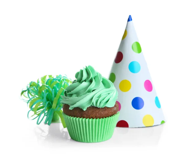 Savoureux cupcake et chapeau de fête — Photo