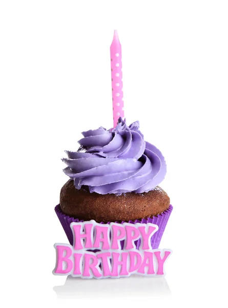 幸せな誕生日の言葉でおいしいカップケーキ — ストック写真
