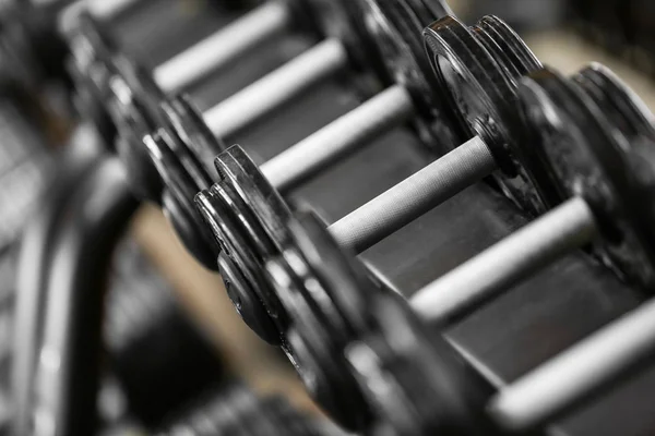 Bastidor con diferentes pesas en el gimnasio —  Fotos de Stock