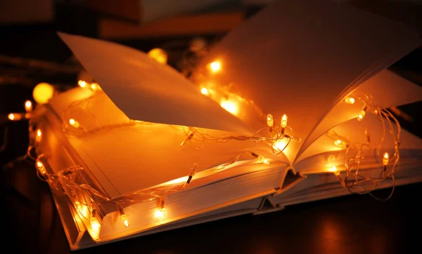 Books and beautiful garland on table — Stock Photo, Image