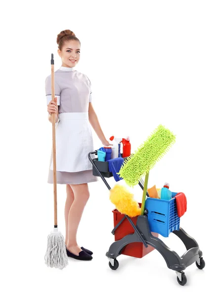 Camarera con equipo de limpieza — Foto de Stock
