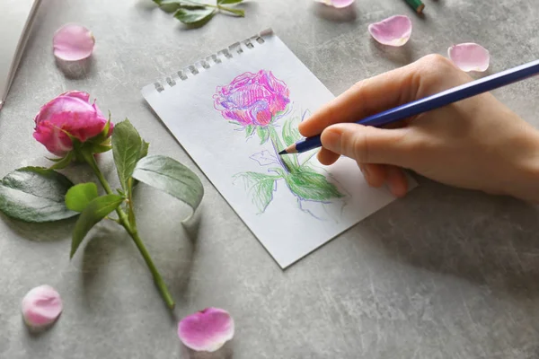 Vrouwelijke hand tekenen rose — Stockfoto