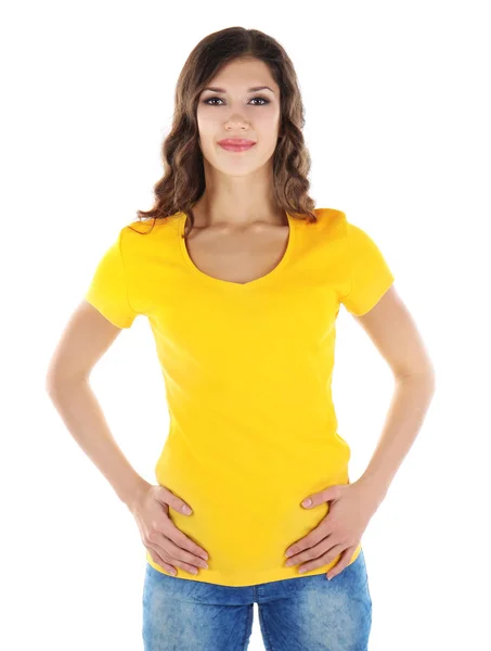 Femme en t-shirt blanc jaune — Photo