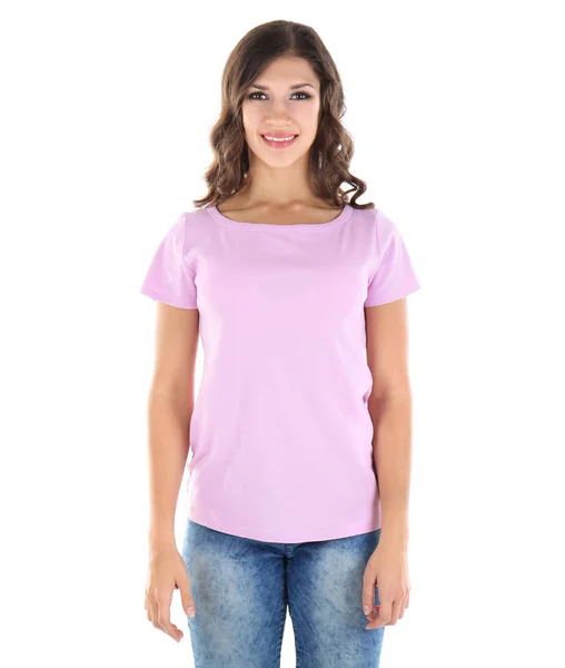 Žena v prázdné barevné tričko — Stock fotografie