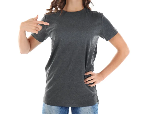 Woman in blank t-shirt — Stock Photo, Image