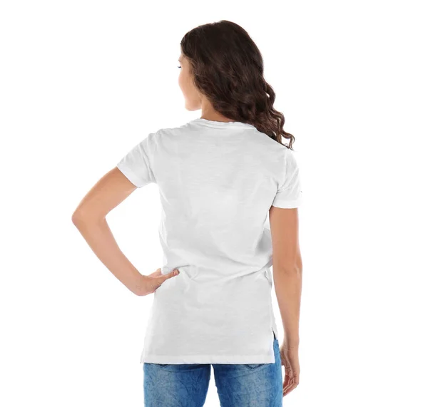 Jovem mulher em branco t-shirt — Fotografia de Stock