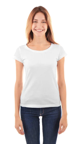 Jeune femme en t-shirt blanc — Photo