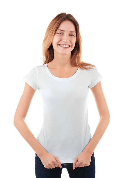 Jovem mulher em branco t-shirt — Fotografia de Stock