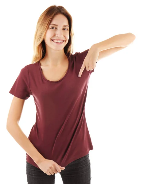 Woman in blank maroon t-shirt — Stock Photo, Image