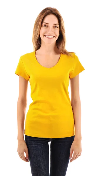 Donna in t-shirt gialla bianca — Foto Stock