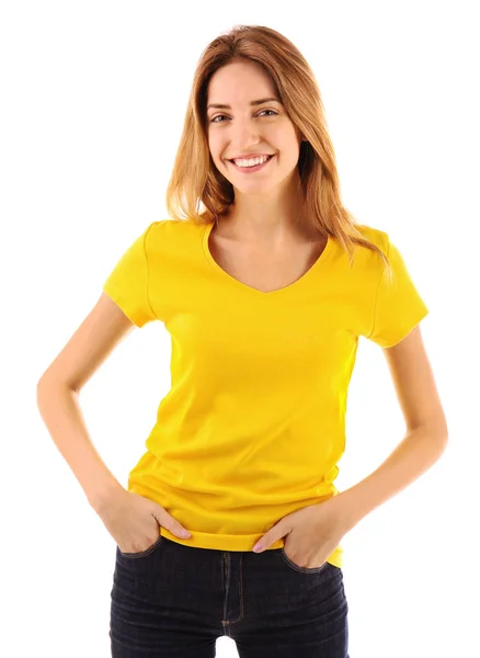 Жінка в порожній жовтій футболці — стокове фото