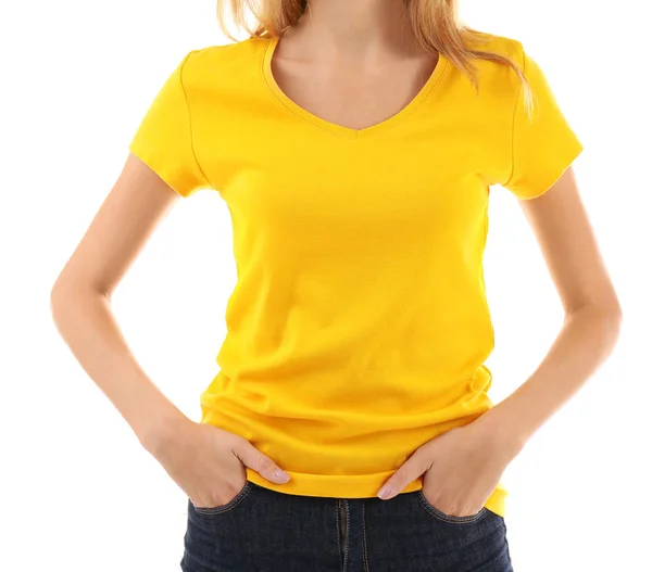 Mulher em branco t-shirt — Fotografia de Stock