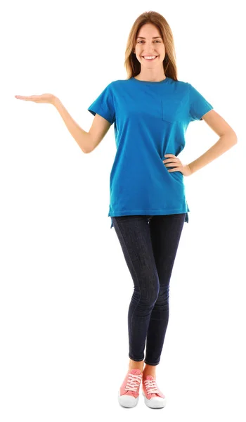 Kobieta w puste kolor t-shirt — Zdjęcie stockowe