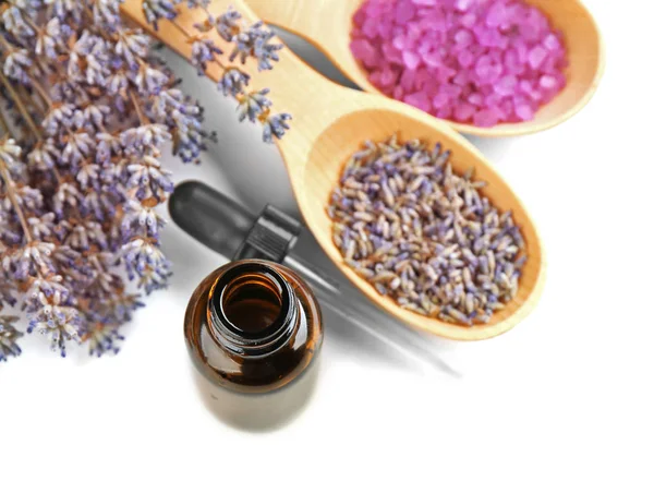 Essential oil, lavender and sea salt — Stock Photo, Image