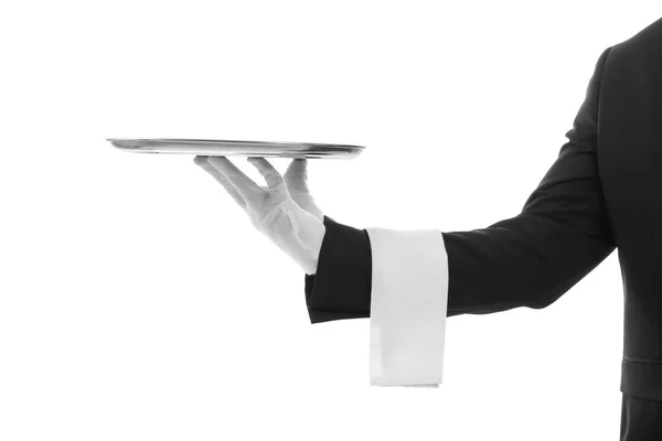 Male waiter holding tray — Stock Photo, Image