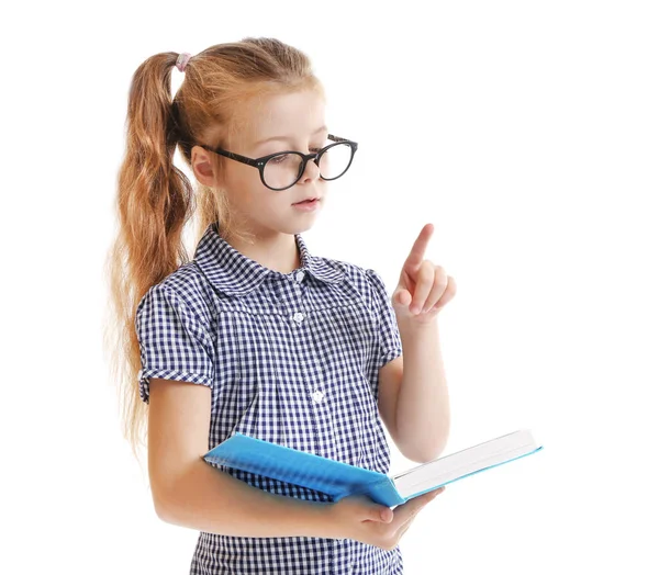 Menina Bonito Com Livro Sobre Fundo Branco — Fotografia de Stock