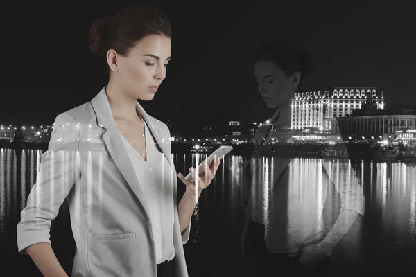 Double Exposure Woman Phone Night Cityscape Background Business Concept Black — Stock Photo, Image