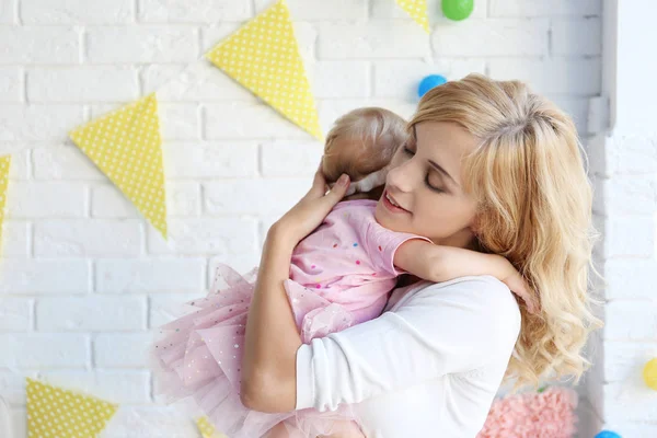 Portrait Happy Mother Daughter Her First Birthday Party Indoors — Stock Photo, Image