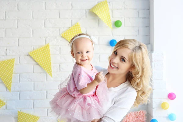 Portrait Happy Mother Daughter Her First Birthday Party Indoors — Stock Photo, Image