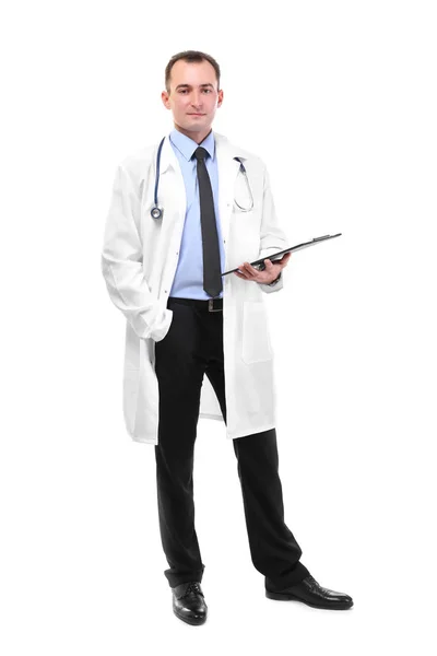 Médico Segurando Prancheta Isolado Branco — Fotografia de Stock