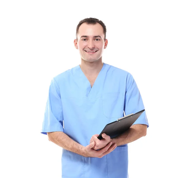 Médico Segurando Prancheta Isolado Branco — Fotografia de Stock