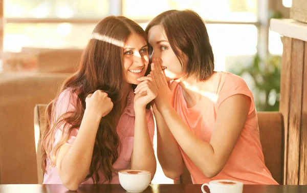 Allegro giovani donne pettegolezzi in caffè mentre bevono caffè — Foto Stock