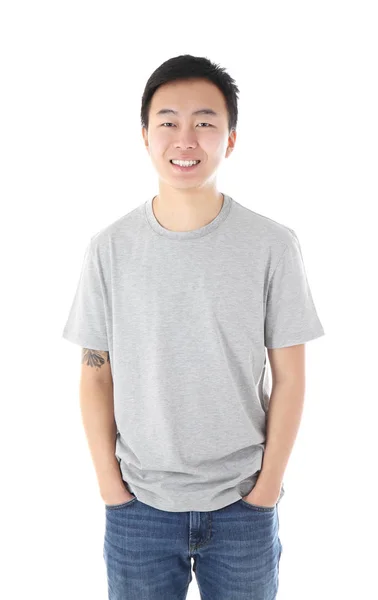 Asiatischer Mann im weißen grauen T-Shirt — Stockfoto