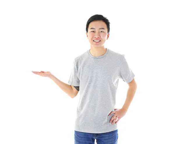 Asian man in blank grey t-shirt — Stock Photo, Image