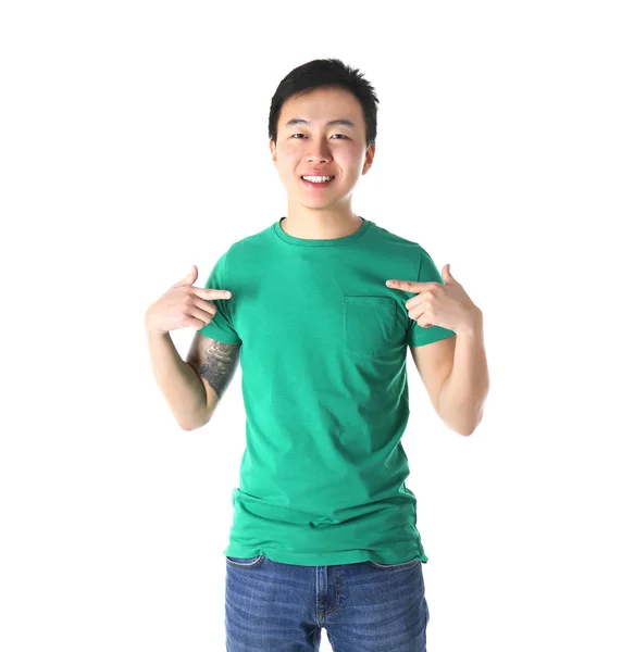 Asian man in blank green t-shirt — Stock Photo, Image