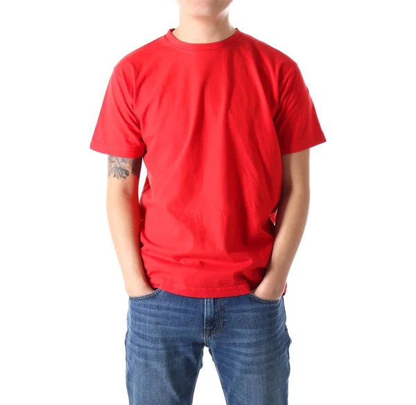 Young man in blank red t-shirt — Stock Photo, Image