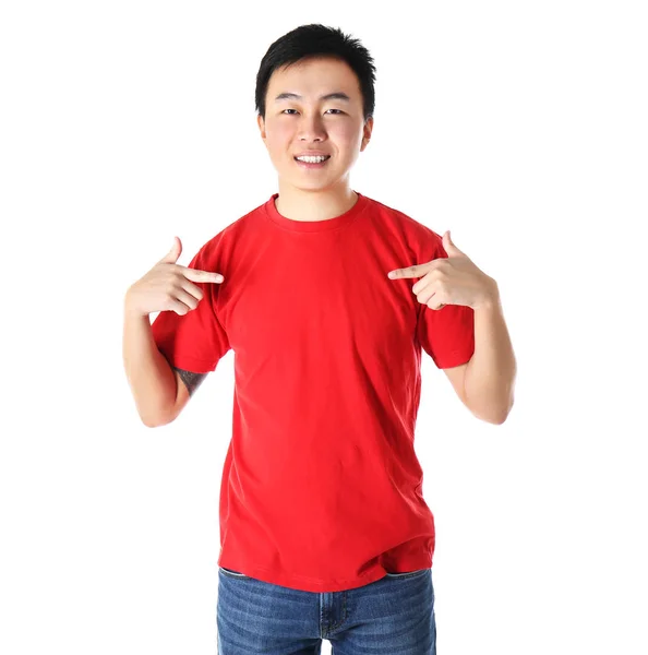 Asiático homem em branco vermelho t-shirt — Fotografia de Stock