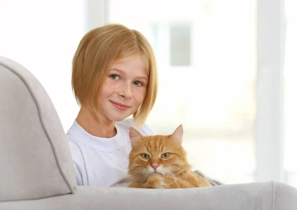 Meisje met rode pluizig kat — Stockfoto