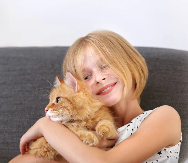 Niña con rojo esponjoso gato — Foto de Stock