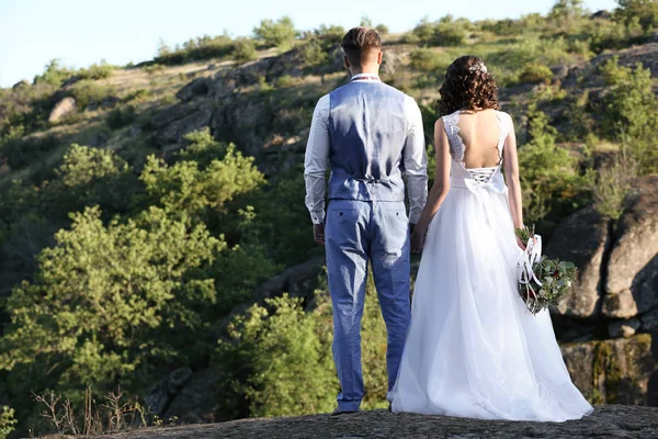 Bruden och brudgummen över vackra landskap — Stockfoto