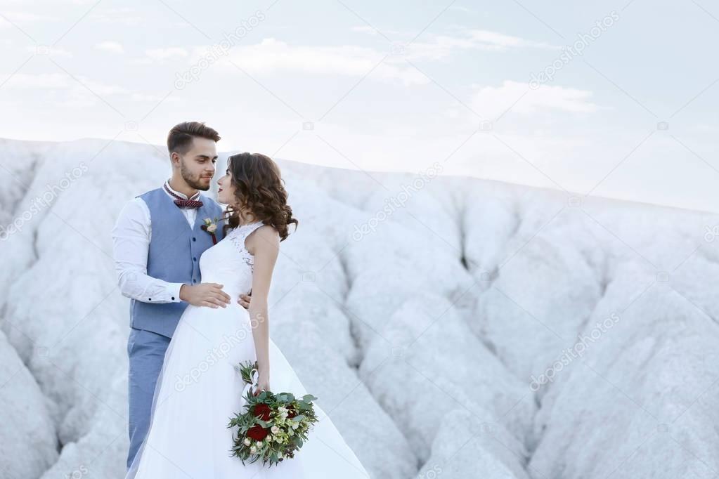 Bride and groom over beautiful landscape
