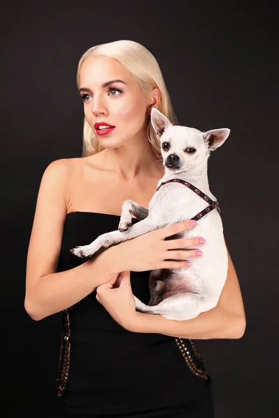 Menina segurando cão bonito — Fotografia de Stock