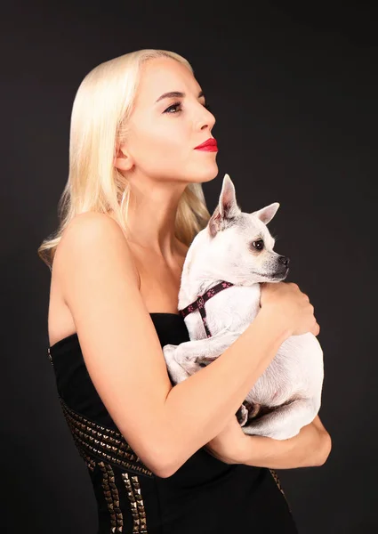 Menina segurando cão bonito — Fotografia de Stock