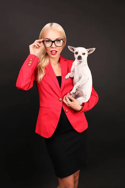 Girl holding cute dog — Stock Photo, Image