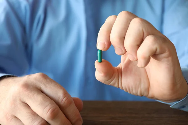 Senior Man Hand Holding Pill Close — Stock Photo, Image